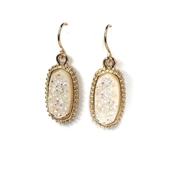 Last TWO! Elegant Sparkly Ivory & Gold Neutral Toned Dangle Fishhook Earrings - Picture 3 of 5